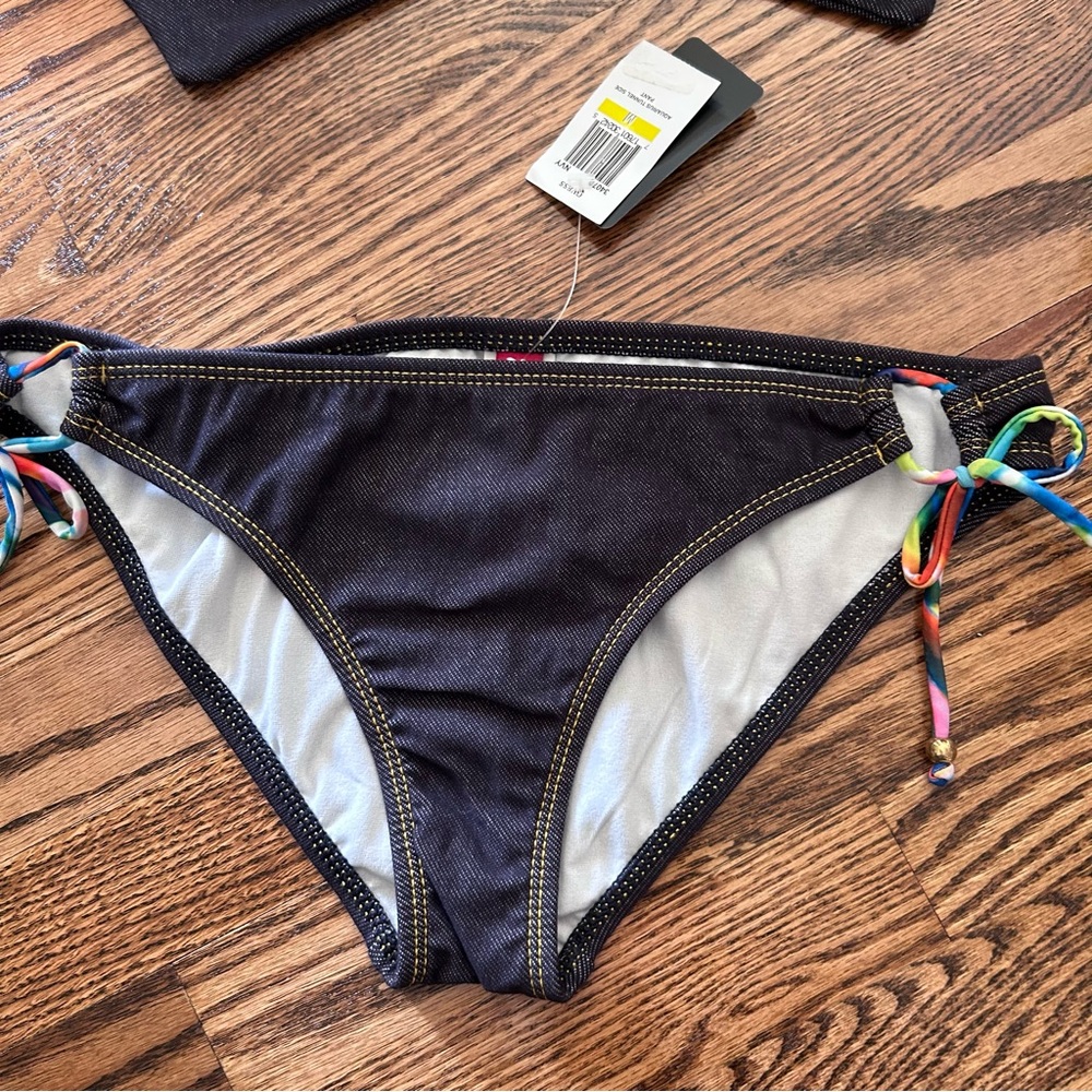 Guess NWT medium bandeau bikini denim print floral tie removable halter $94 - Picture 2 of 15
